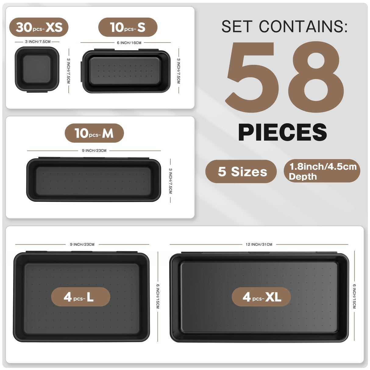 A-LUGEI【𝟱𝟴𝗣𝗰𝘀】【5 Size】 Tool Box Organizer Tray Divider Set, 【Black】 Desk Drawer Organizer, Garage Organization and Storage Toolbox Accessories Rolling Tool Chest Cart Cabinet WorkBench Small Part