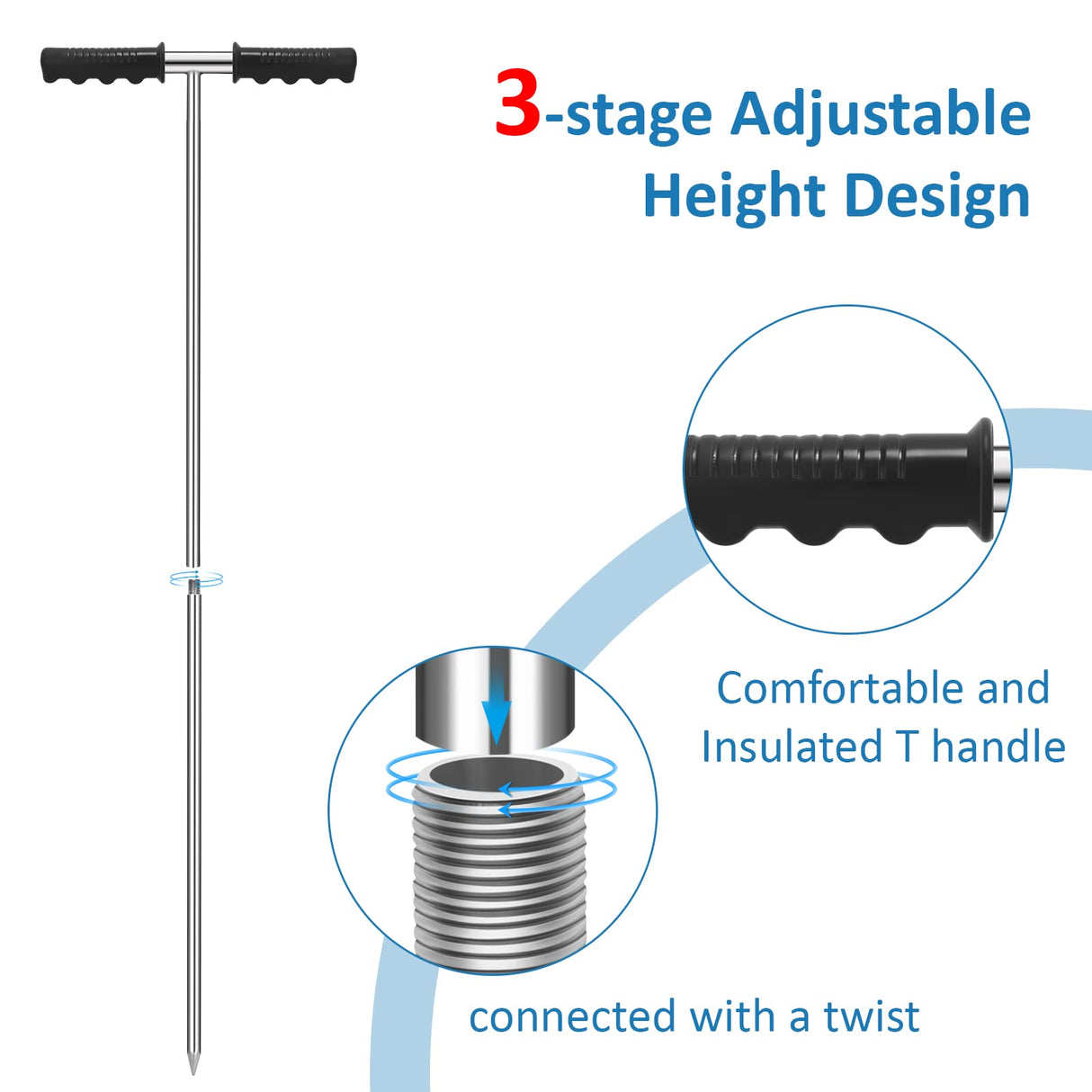 GADFISH Stainless Steel Soil Probe Rod,32-48 Inch Hight Adjustable Ground Rod Tool with T-Handle for Locating Septic Tanks,Underground Pipes,Water Lines,Graves and Gopher Runs
