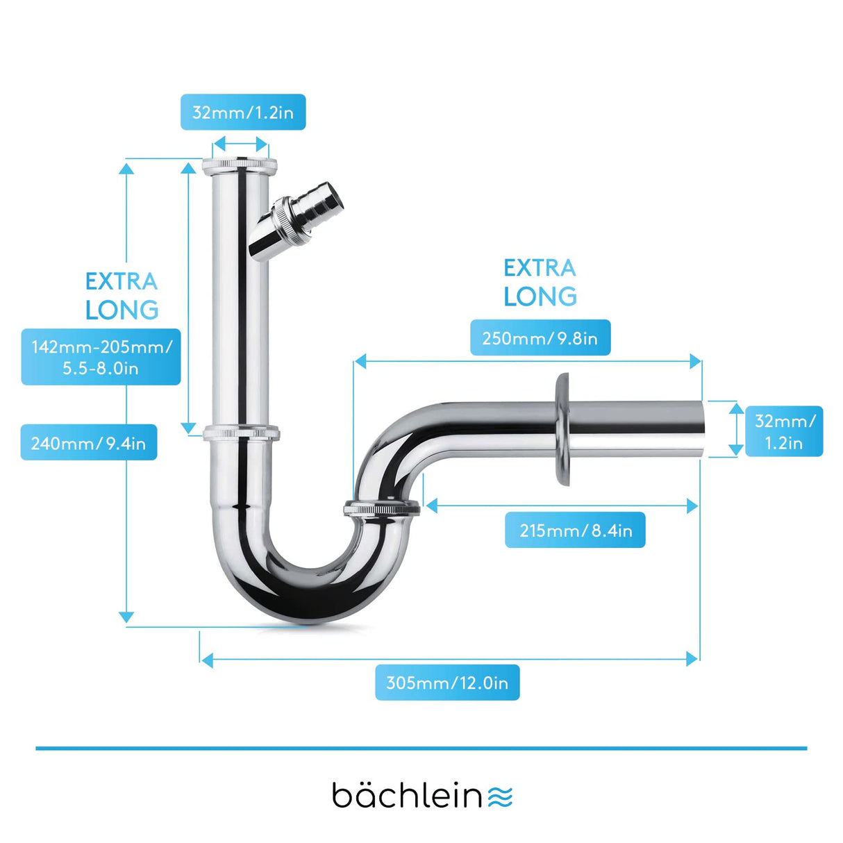 Bächlein Universal Siphon for Washbasin and Washstand (Extra Long 200mm + Appliance Connection) - Odour Trap incl. Rubber Sleeve - Tubular Siphon
