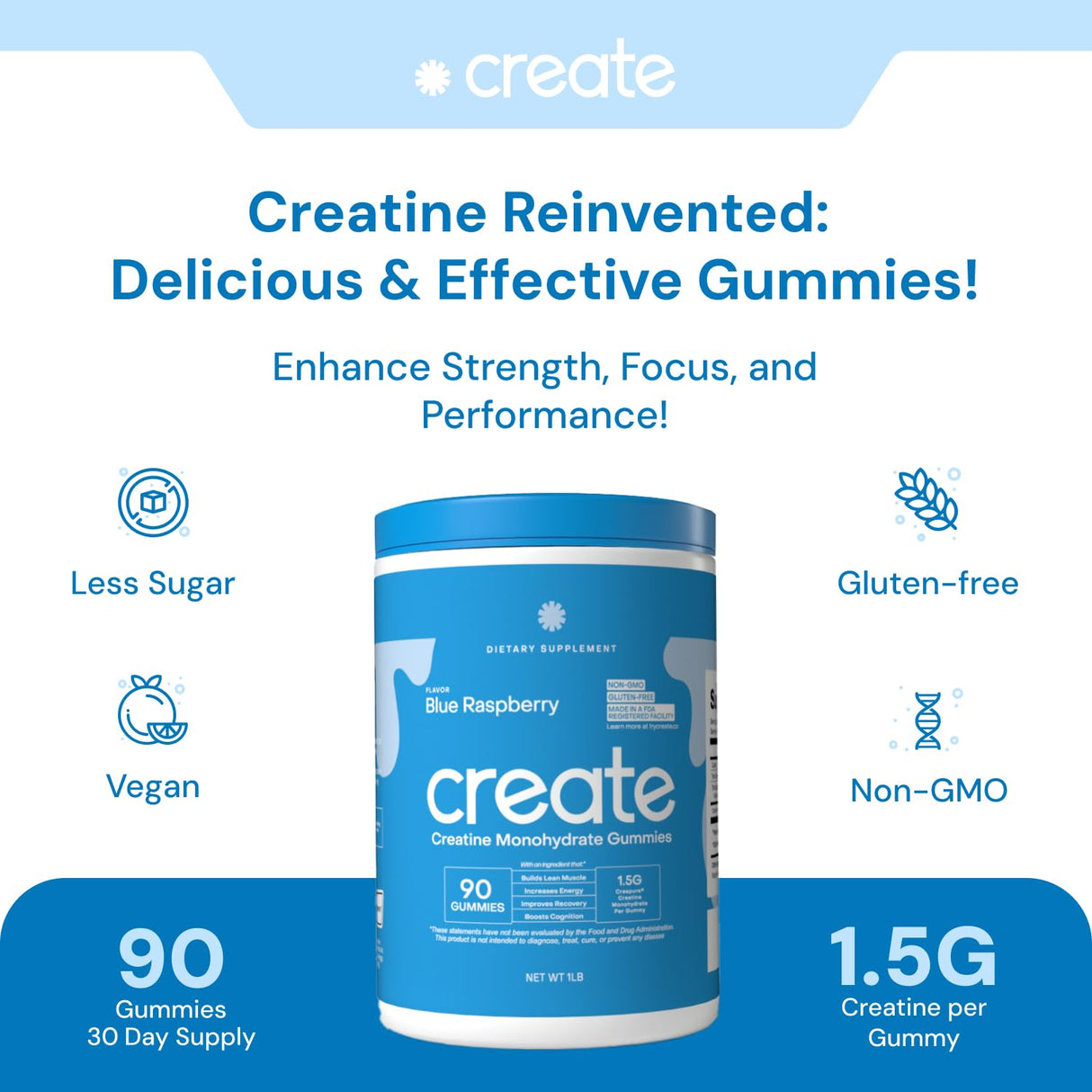 Create Creatine Monohydrate Gummies for Men & Women, Boost Focus, Strength, and Endurance, Anti-Melting Formula, Vegan, Gluten-Free, Non-GMO, 1.5g of Creatine per Gummy (Blue Raspberry, 90 ct)