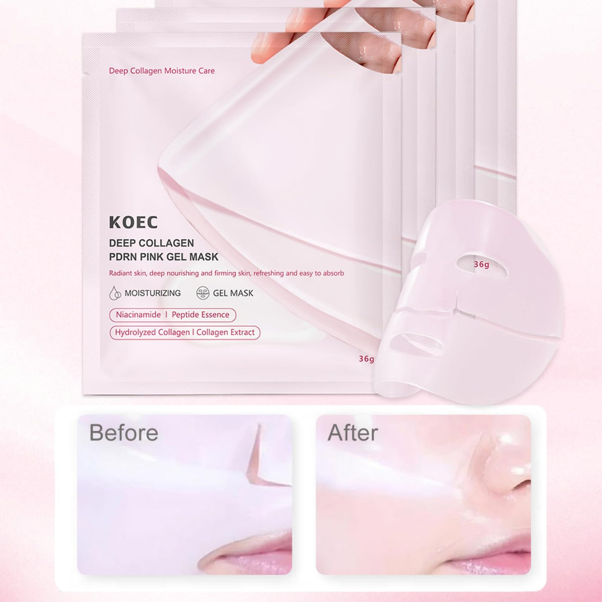 Deep Collagen PDRN Pink Gel Mask,Moisturizing Overnight Collagen Face Mask,Overnight Facial Sheet Mask For Glass Glow Skin - Deeply Nourishing,Lifting & Firming,Restoring Skin Elasticity-36gx4pcs