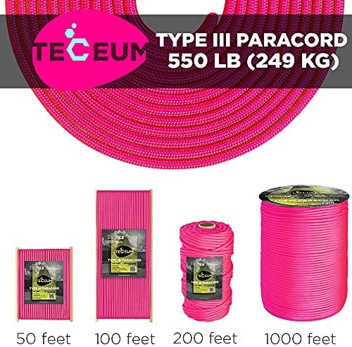 TECEUM 5/32" Paracord Rope 1000 – 1000ft / 200ft / 100ft / 50ft – Tactical Parachute Cord 4mm – 45+ Colors – Nylon String for Survival & Camping Gear – Stripe Cord for Survival – Utility Rope