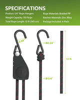 Kayak Straps Tie Downs 4 Pack, Roof Rack Straps Adjustable Ratchet Tie Down Straps with Lock S Hooks, 1/4 Inch 12 Feet Ratchet Straps Heavy Duty for Small Cargo, Kayak, Packing, Camping Gear