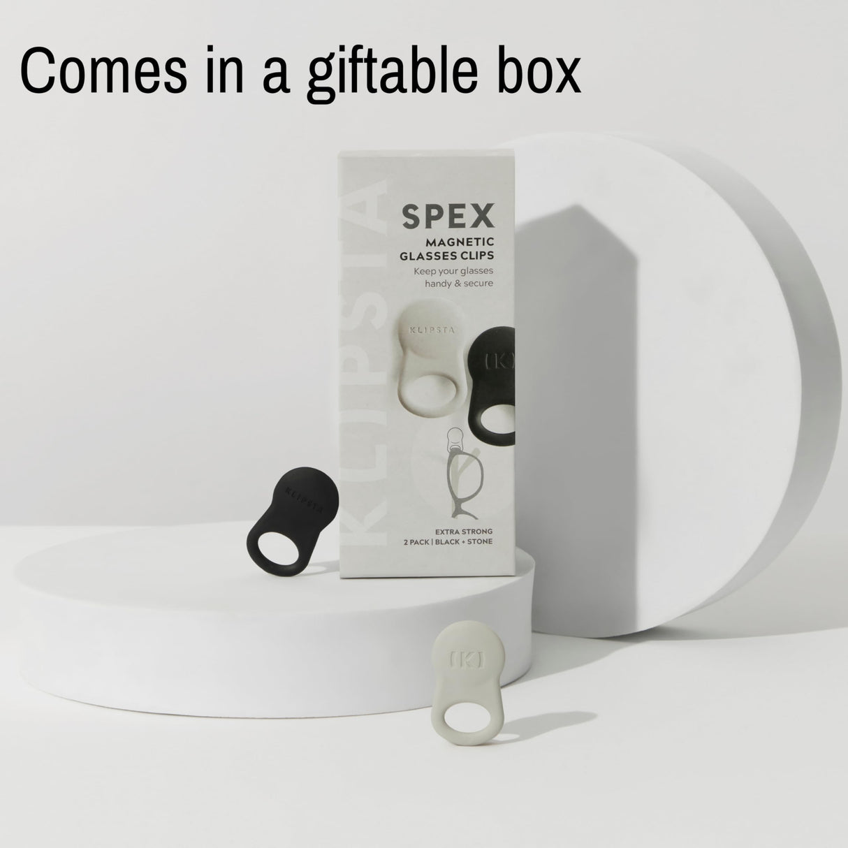 KLIPSTA SPEX Glasses Clips (Black+Stone 2-pack) - Perfect Holiday Gift & Christmas Stocking Stuffer - Magnetic Glasses Holder for Clothes, Eyewear Strap Alternative, ID Badge Holder