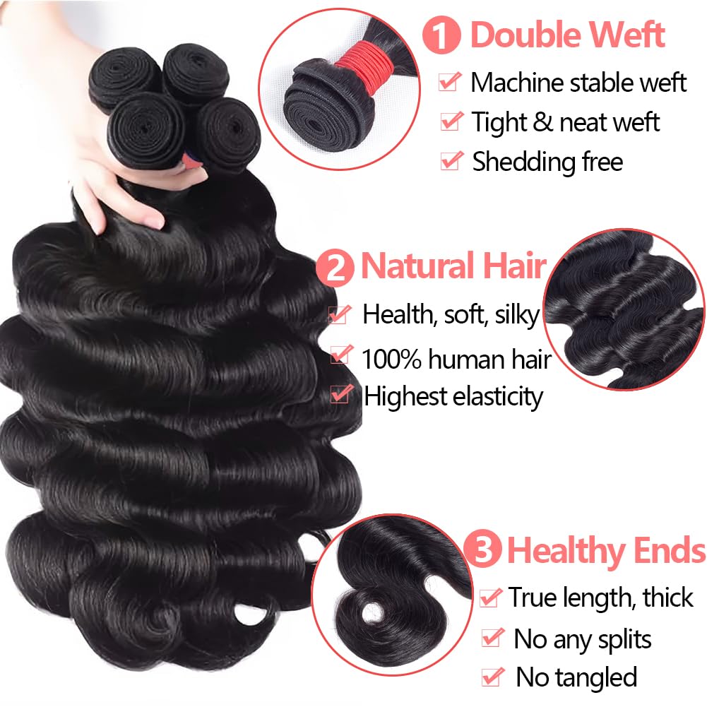 Body Wave Bundles Human Hair 18 20 22 24 Inch 4 Bundles Human Hair 12A Unprocessed Brazilian Virgin 100% Real Human Hair Bundles Double Weft Natural Black Color Hight Gram Hair Extensions