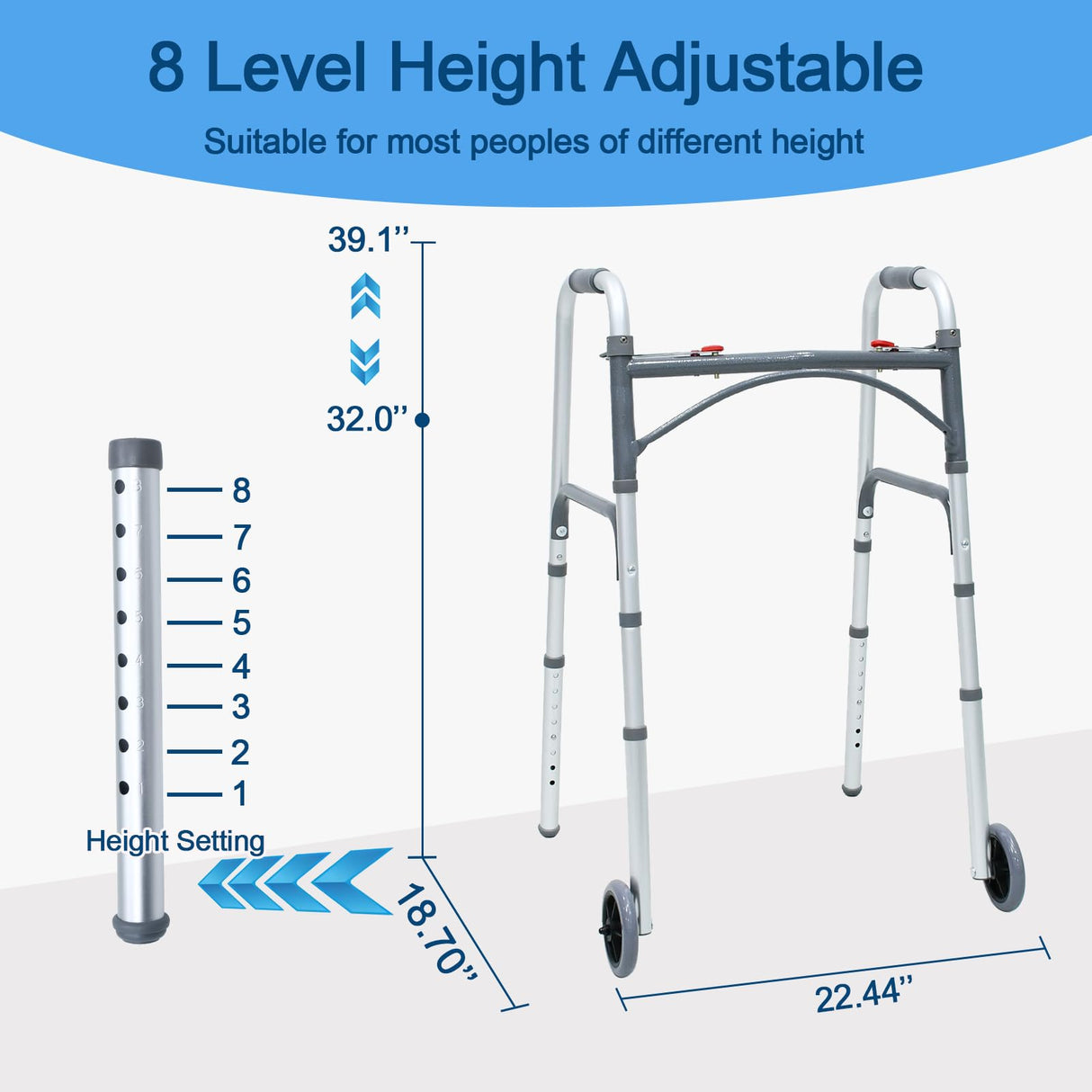 Loyoda Foldable Walker with Tray，Lightweight Folding Walker with 5" Wheels Height Adjustable Aluminum Standard Walkers for Seniors up to 350 lbs