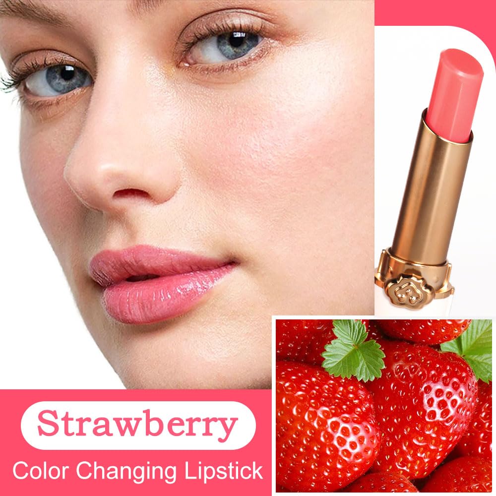 BINGBRUSH Peach Color Changing Lipstick,Moisturizer Long Lasting Lip Care Lip Balm Magic Lip Gloss Lip Tint Stain Gloss Set for Women (3 pcs Peach + Strawberry + Blueberry Lipstick)