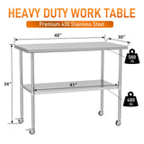 HOCCOT Stainless Steel Table with Wheels 30" x 48" Utility Worktable with Adjustable Undershelf for Commercial Kitchen, Garage, Restaurant
