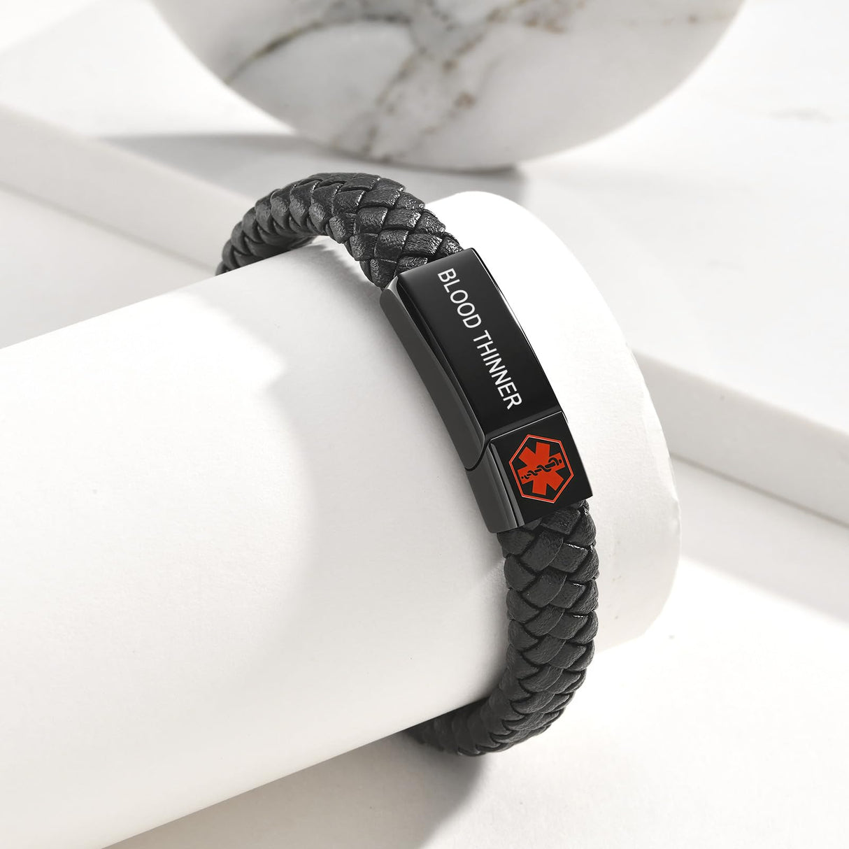 MEALGUET BLOOD THINNER Braided Genuine Leather Medical ID Wristband Mens Medical Alert Leather Bracelet with Stainless Steel Clasp