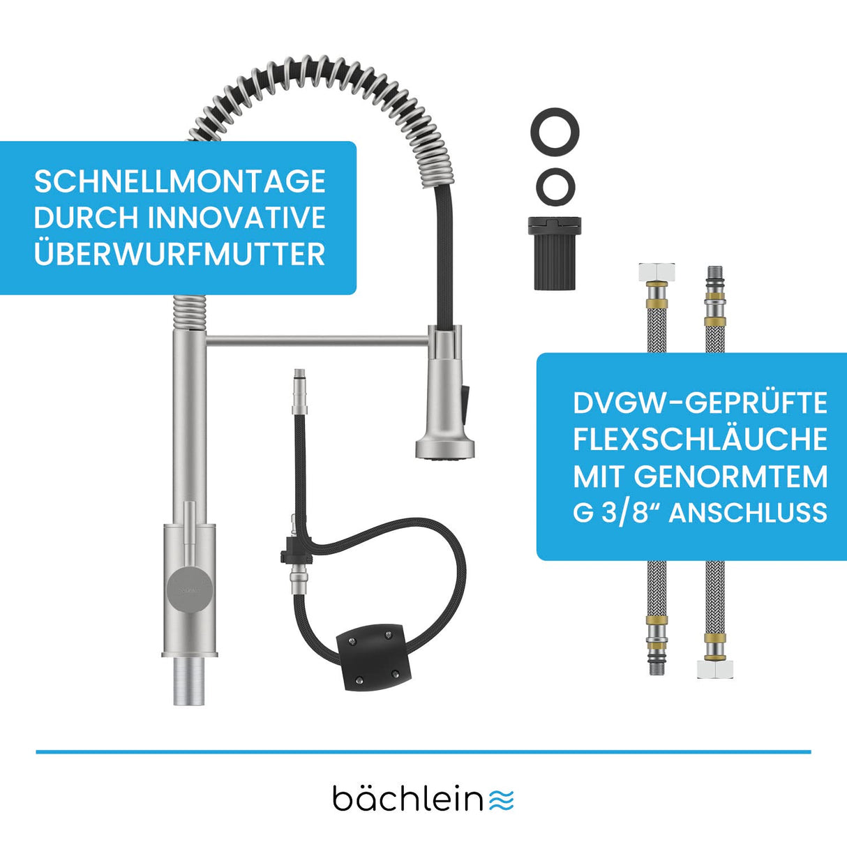 Bächlein Nedo Kitchen Faucet - 360° Rotatable (Brushed Stainless Steel) - Single Lever Mixer Tap Made of Stainless Steel with Flexible Neck and Shower with Switch Knob, Tap for Kitchen