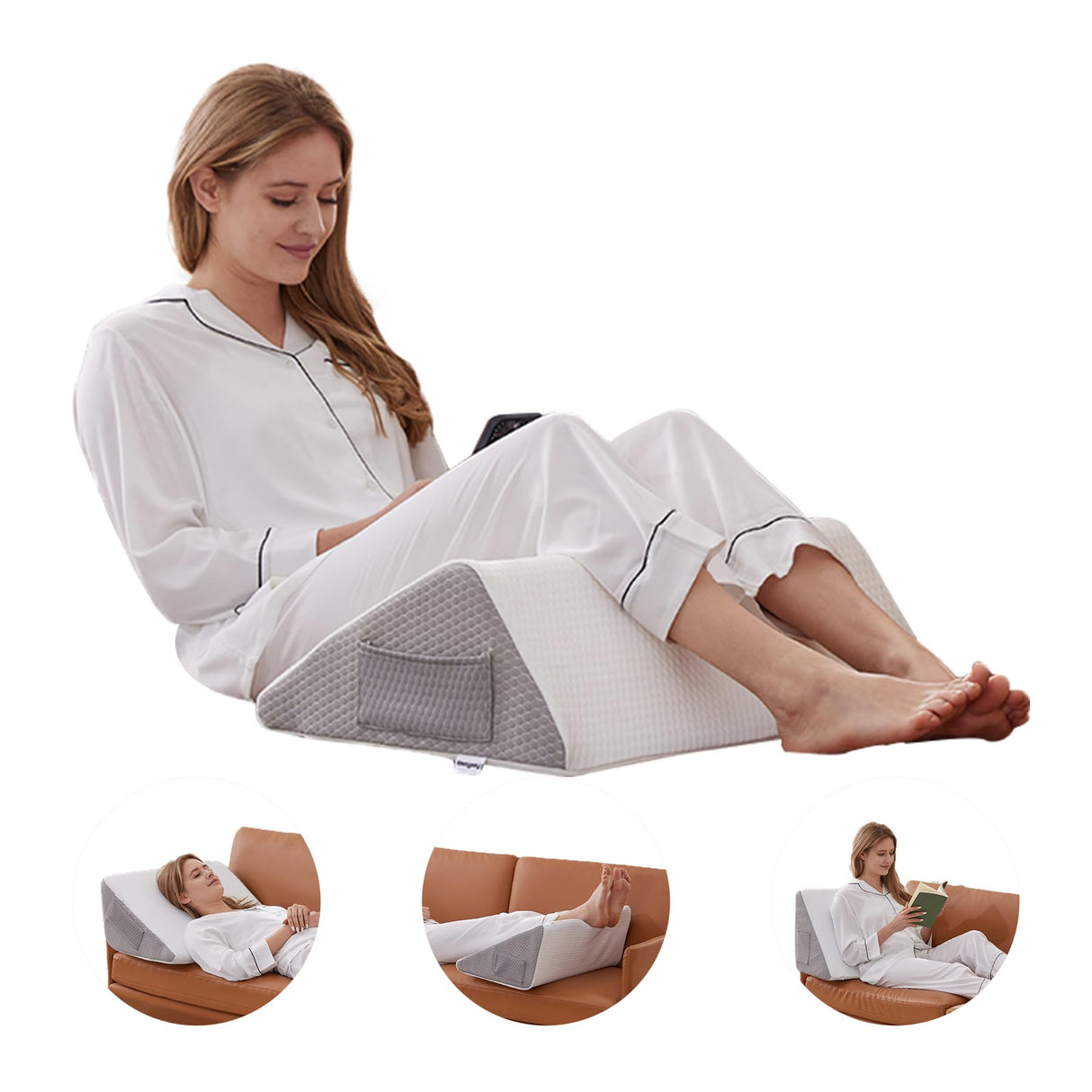 Bedluxe Knee Pillow for Back Sleeping, Leg Pillow Knee Wedge Pillow, Memory Foam Wedge Pillows for Legs Post Surgery, Triangle Pillow for Knee Support, Leg Elevation, Knees Hip Back Pain Relief, White