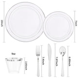 bUCLA 300PCS Silver Disposable Plastic Dinnerware Set - 50 Guests White Silver Disposable Plates Include 50 Dinner Plates,50 Dessert Plates,50 Knives,50 Forks,50 Spoons,50 Cups for Party & Christmas