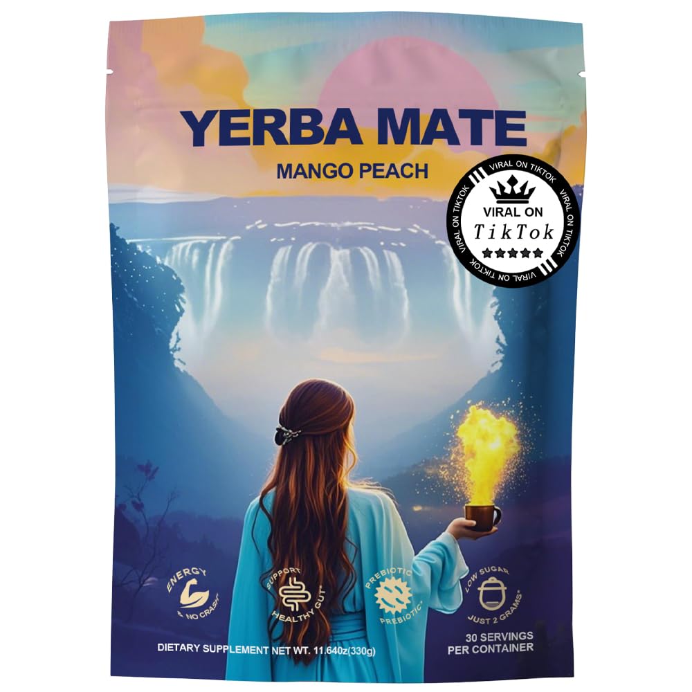 Yerba Mate Instant Powder, 3-in-1 Super Drink Clean Energy, Brain Fog Buster, Supports Energy, Focus and Gut Health, Peach Mango Flavor.