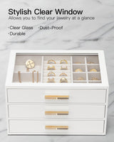 Vlando Jewelry Box for Women, Glass Lid Jewelry Organizer with 3 Drawers for Necklaces Rings Earrings Bracelets Christmas Gift - White