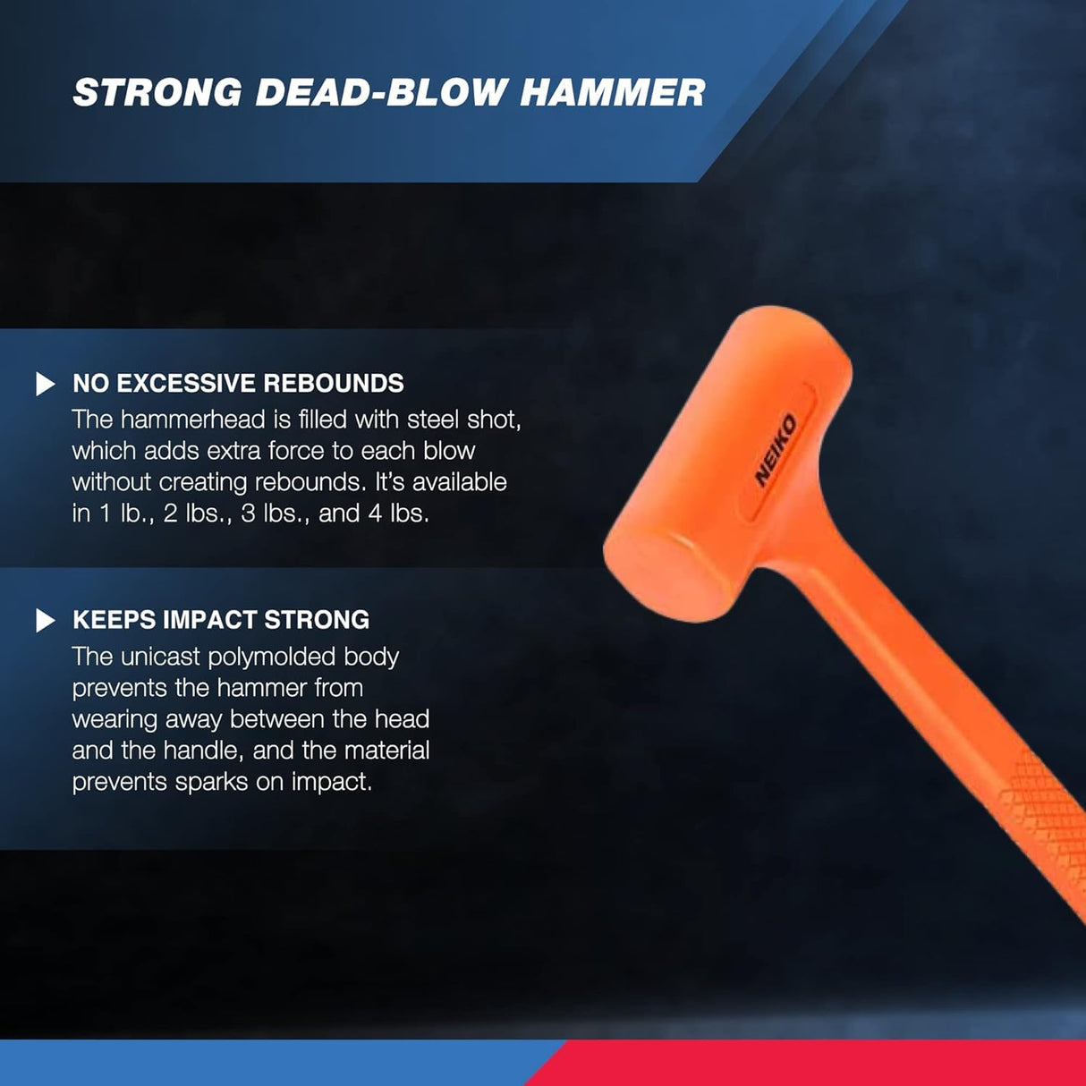 NEIKO 02849A 4 Lb Dead Blow Hammer, Neon Orange | Unibody Molded | Checkered Grip | Spark and Rebound Resistant