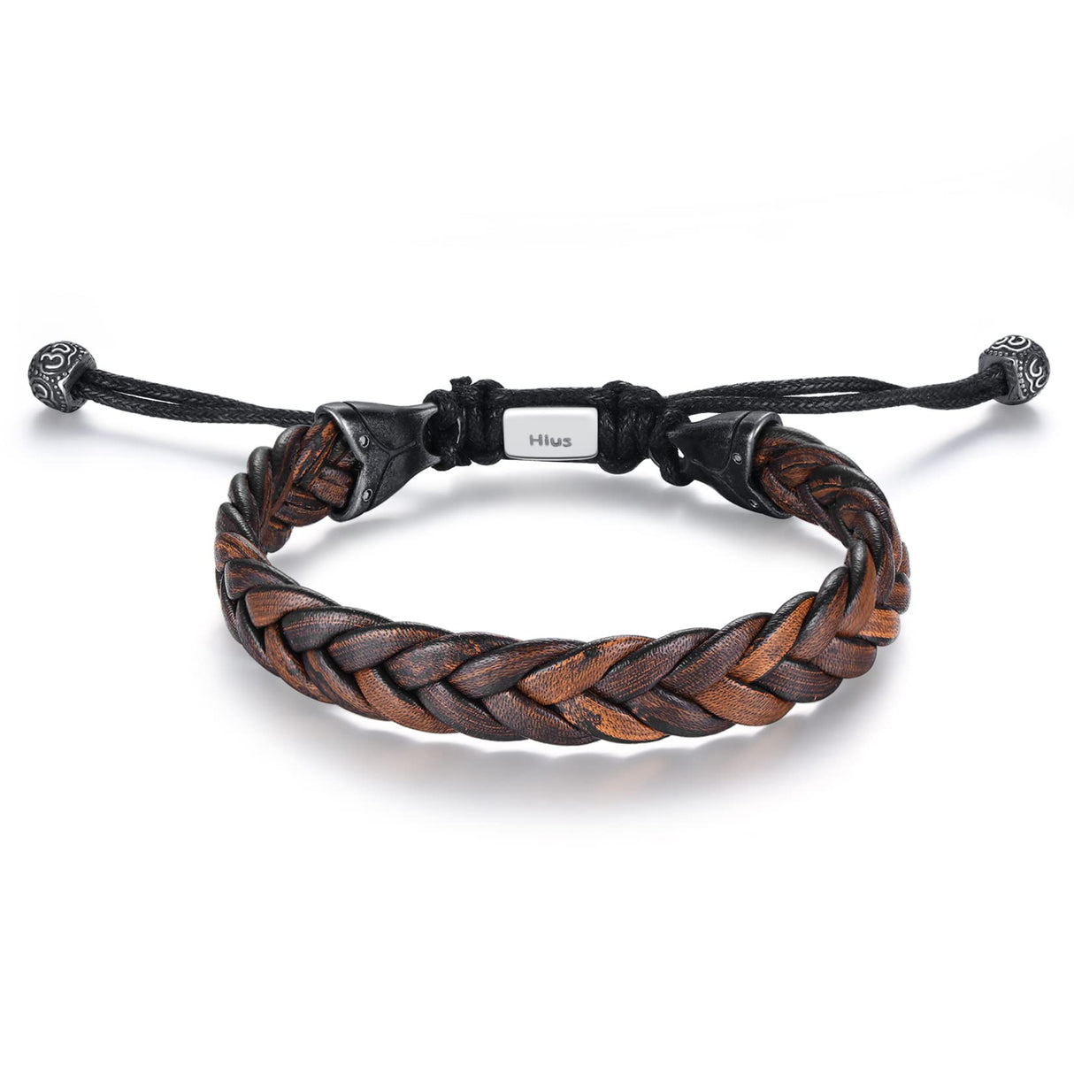 Hius Leather Bracelet for Men, Brown Adjustable Braided Leather Bracelet Wristband, Men's Leather Jewelry