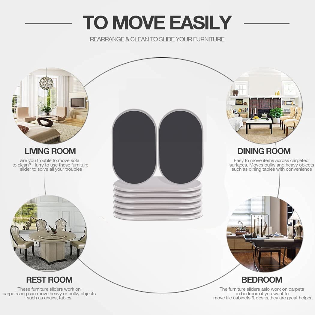 Reusable Large Furniture Movers Sliders for Carpet and Hardwood Floors-8 Pack 9-1/2" Oval Moving Pads Protector for Heavy Duty Sofa Bed Table Desk,Quickly and Easily Move Any Item, Beige