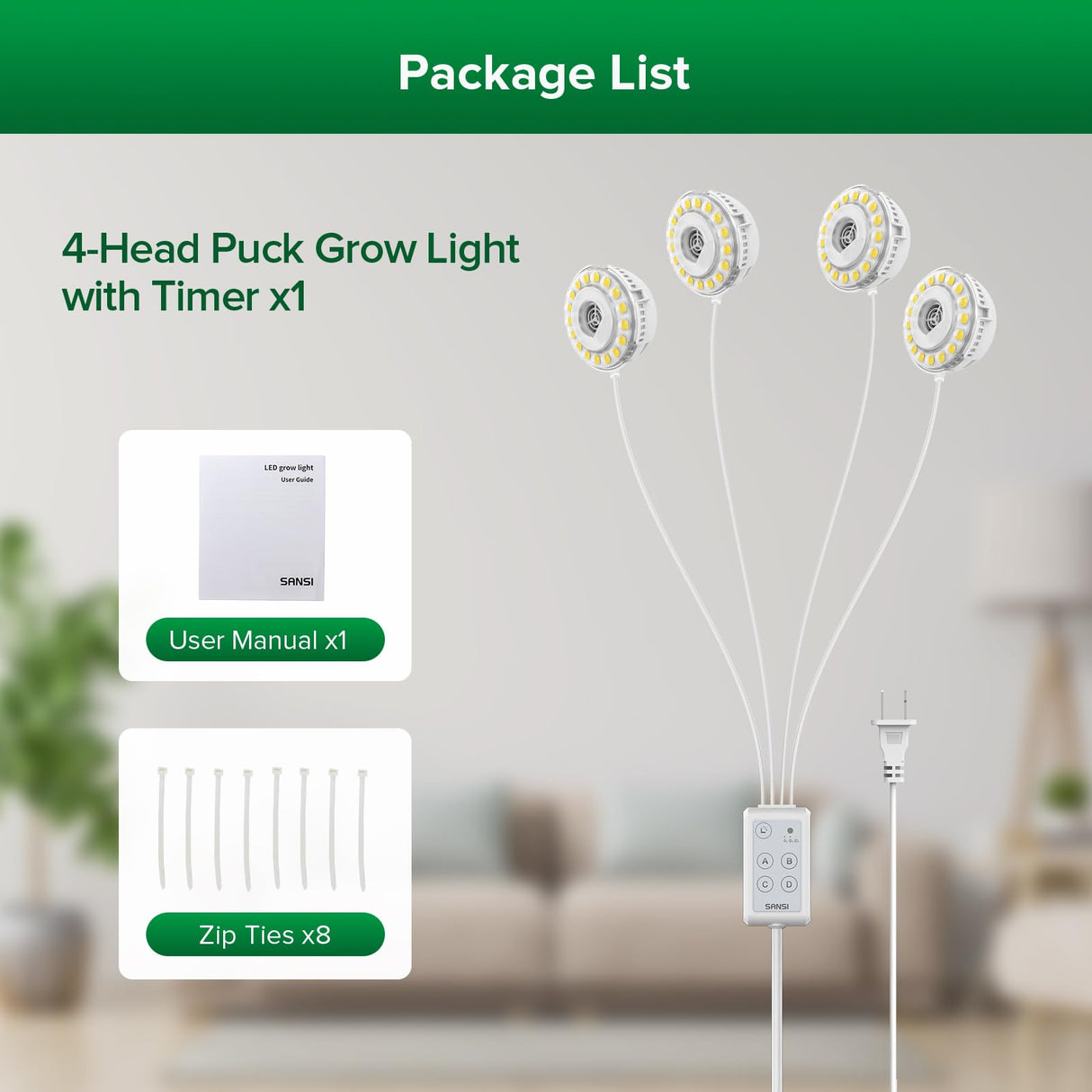SANSI 20W(5W*4) Puck Grow Lights for Indoor Plants Full Spectrum, 4 Head Plant Lights for Indoor Growing, LED Plant Lamp for Growth with Timer, Auto On Off 4 8 12 Hrs Greenhouse,No Dimmable