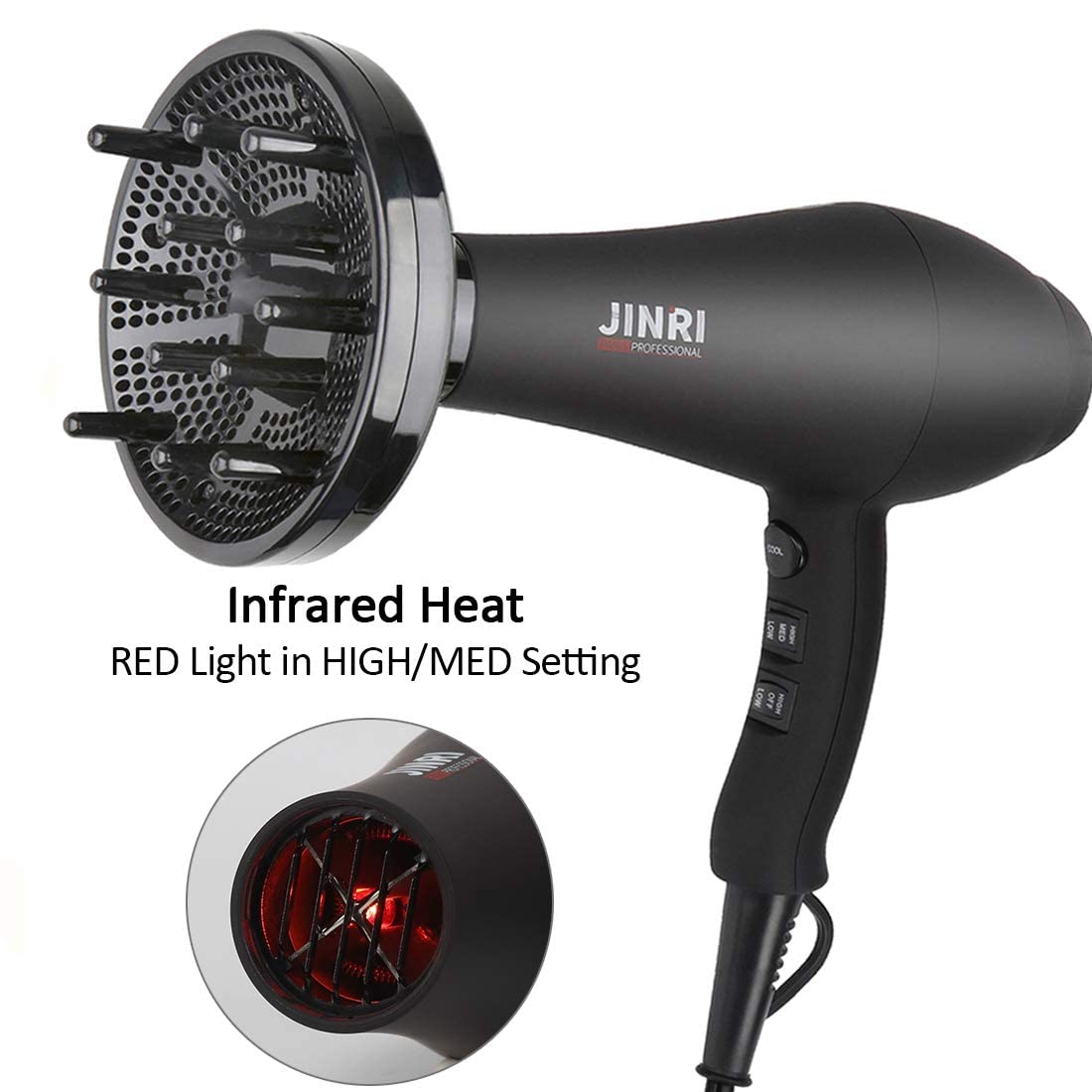 Hair Dryer 1875W, Negative Ionic Fast Dry Low Noise Blow Dryer, Professional Salon Hair Dryers with Diffuser, Concentrator, Styling Pik, 2 Speed and 3 Heat Settings (Bk)