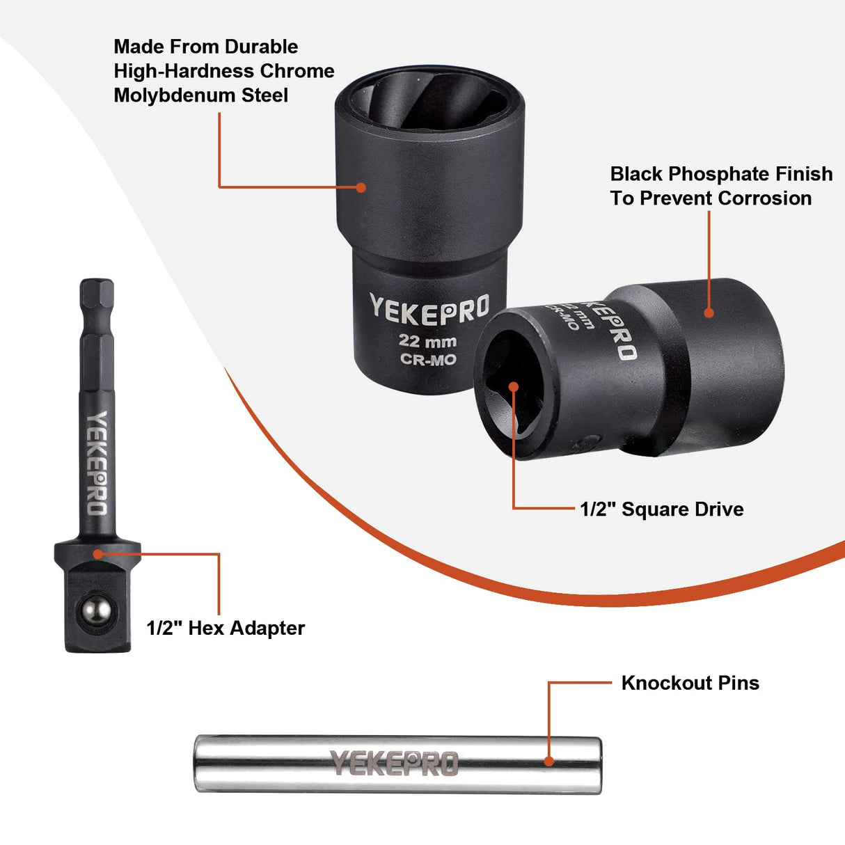 YEKEPRO 6 PCS Lug Nut Removal Tool, 1/2-inch Drive Impact Twist Socket Set & Bolt Extractor Set, 17,19,21,22MM Wheel Lock Removal Kit for Removing Damaged, Frozen, Rusted, Nuts & Screws, Cr-Mo Steel