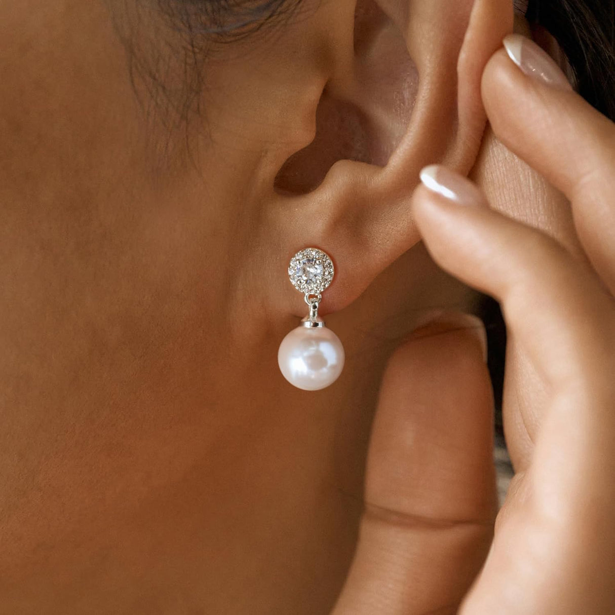 Elegant CZ Pearl Drop Earrings for Women Bridesmaid Wedding Prom (White)