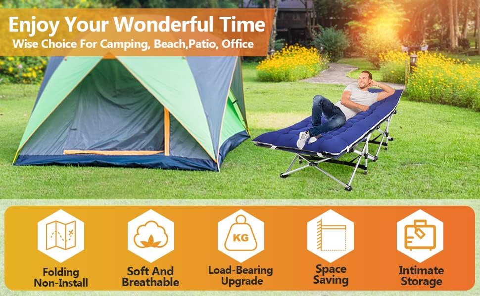 Homdox Camping cot Folding Outdoor Camping Travel Cot and Cot Pad - Quality Lightweight Portable Heavy Duty Adult Travel Cot Double Layer Oxford Portable Travel Camp Cots for Camp/Office/Home