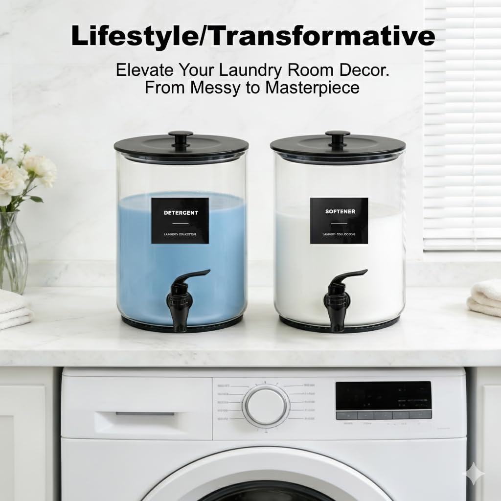 Glass Laundry Detergent Dispenser for Laundry Room Organization, 1 Gallon Large Liquid Soap Dispenser with Black Metal Lid & Leak-Proof Spigot, 2 Measured Cups, 2 Silicone Mats & 9 Labels (2, Black)