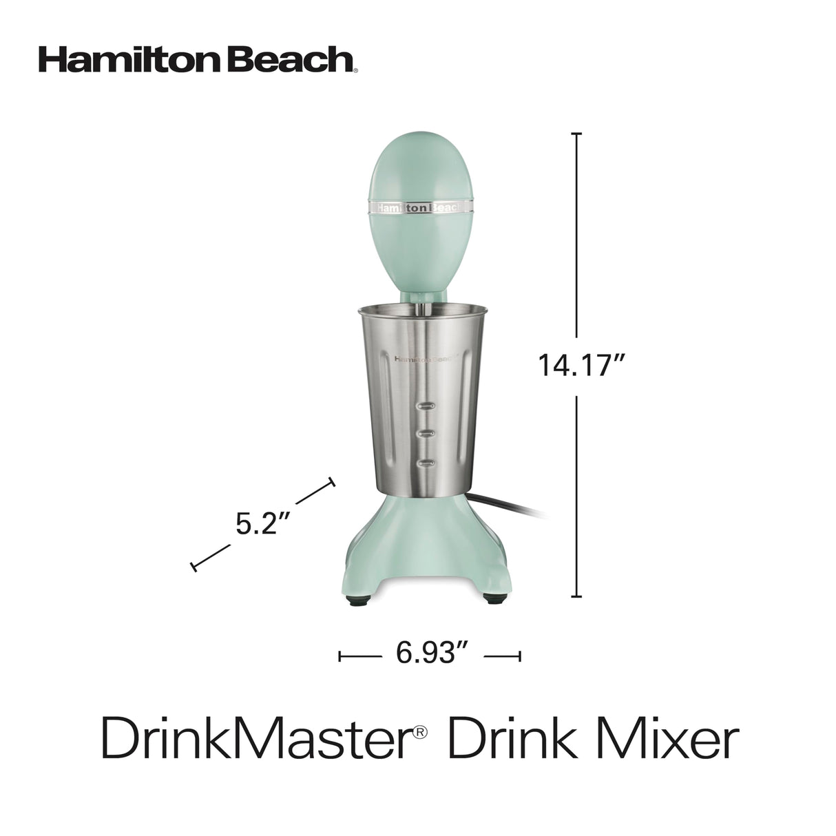 Hamilton Beach DrinkMaster Electric Drink Mixer, Retro Milkshake Maker & Milk Frother, 2 Speeds, Extra-Large 28 oz. Stainless Steel Cup, Mint