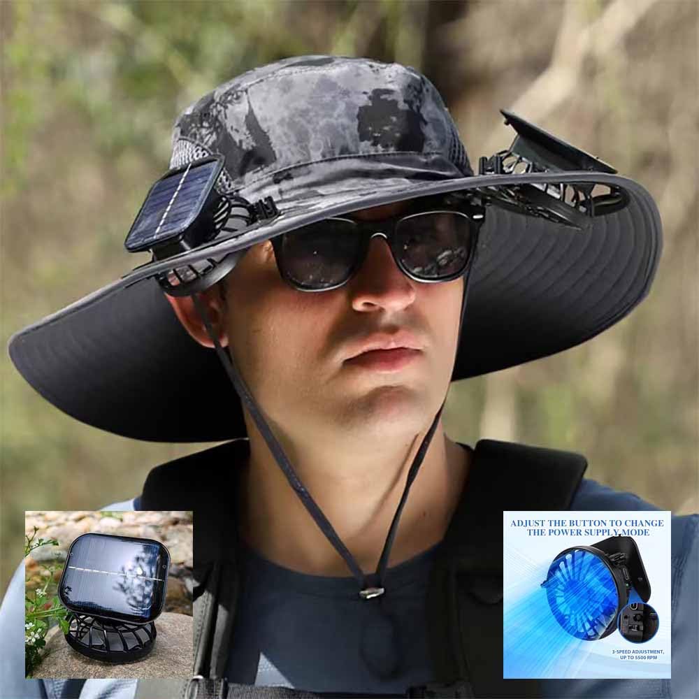 Solar Fan Hat, Wide-Brimmed Sun Hat with 2 Fans, Solar + USB Powered, Adjustable Angle, for Men and Women Fishing and Beach (US, Alpha, One Size, Camouflage)