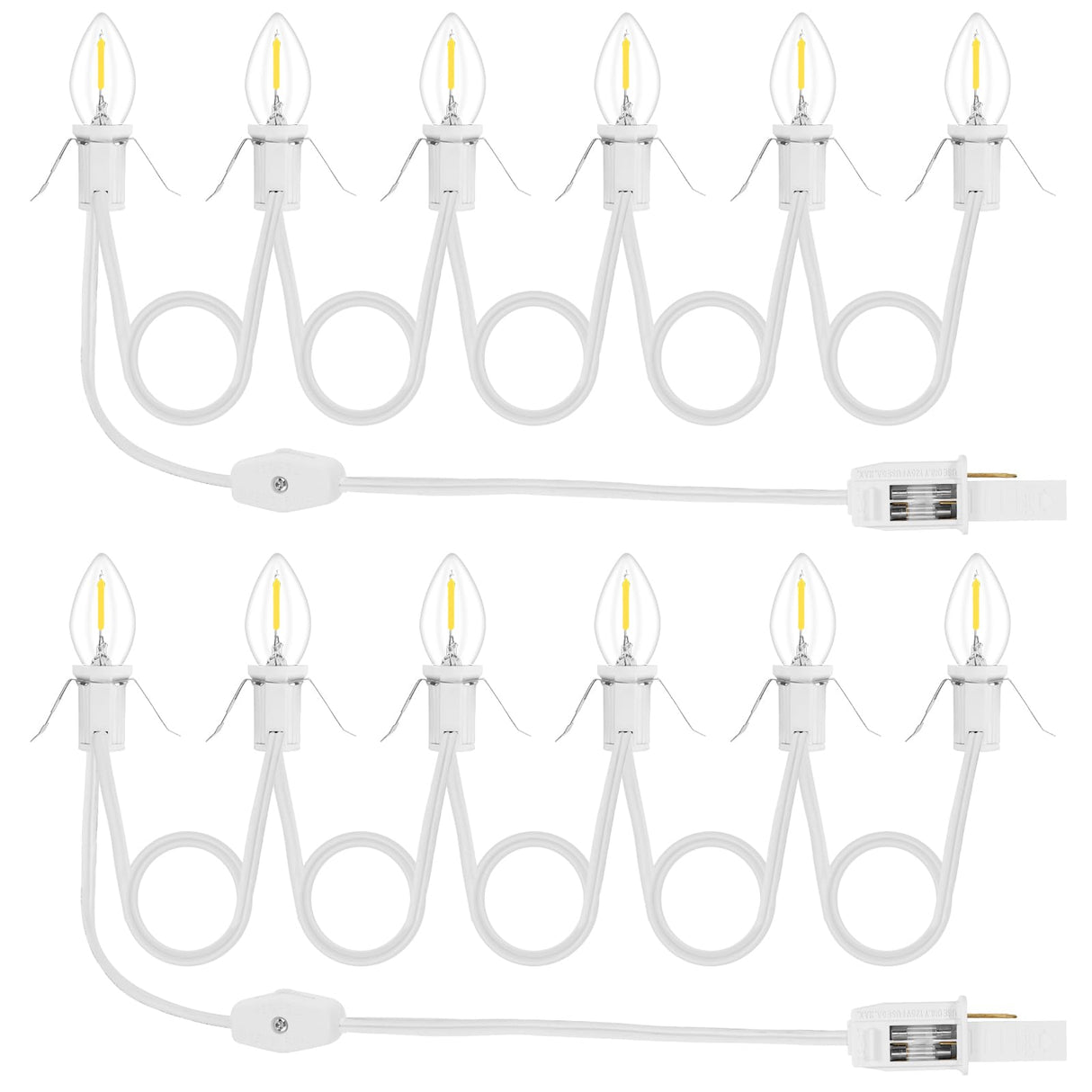 2Pack Accessory Cord with 12 LED Light Bulbs Christmas Village String Light 10.3FT White Cord with Spare Fuse Warm White C7 Lamp for Halloween Pumpkins Christmas Village Houses and Craft Decoration