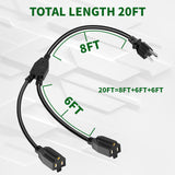 2 Way Power Extension Cord Splitter 20 Ft Total (8+6+6)-3 Prong 1 to 2 Extension Cord Cable Y Splitter-Outlet Adatper-SJTW Outdoor for Halloween Christmas Lighting Landscaping-16AWG 13A 125V-UL-1T2