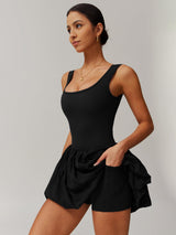 ABOCIW Woman's Black Tennis Dress Squre Neck Sleeveless Bubble Mini Dress Workout Athletic Dress Build in Shorts with Pockets Black Small