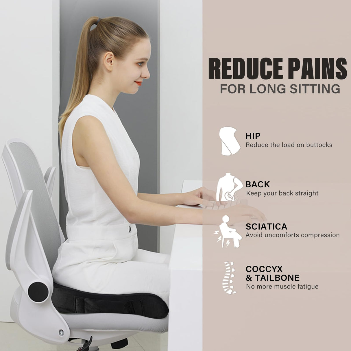 WAOAW Seat Cushion, Office Chair Cushions Butt Pillow for Car Long Sitting, Memory Foam Chair Pad for Back, Coccyx, Tailbone Pain Relief, Car Seat Cushion, Gifts for Men Women (Black)