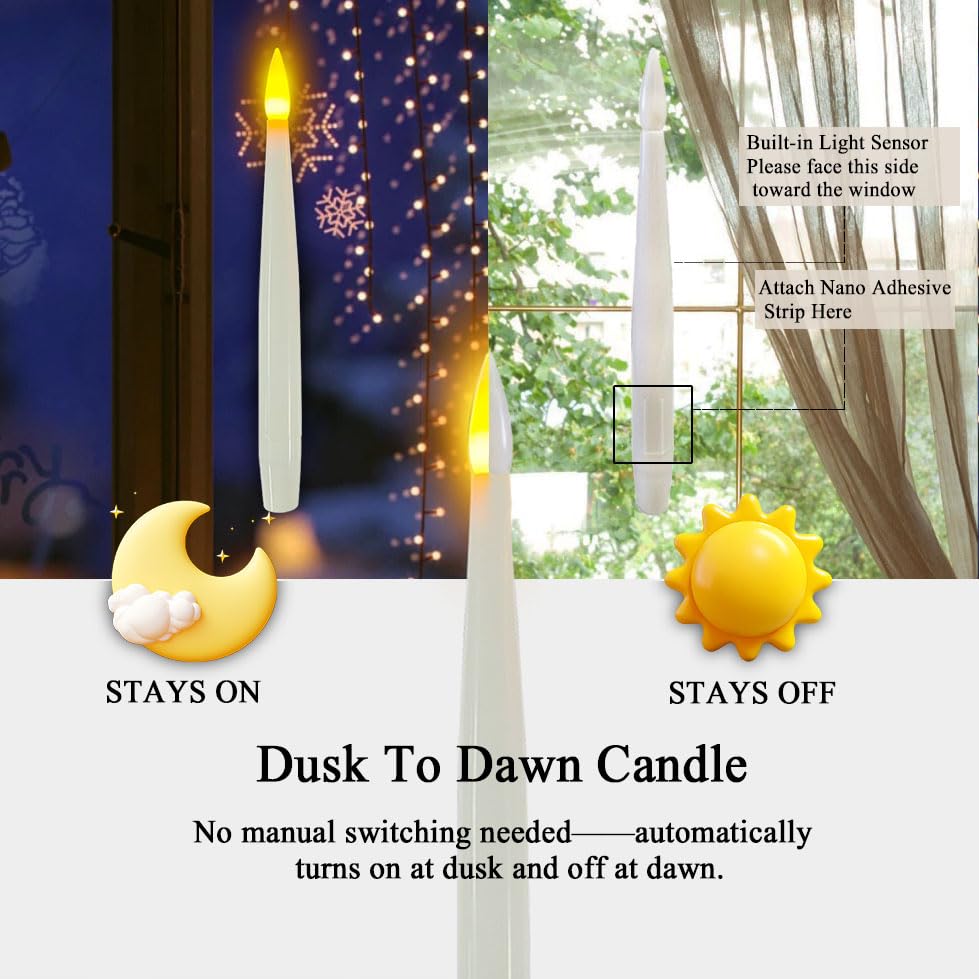 JMTONE Window Candles with Light Sensor Dusk to Dawn, 14PCs Window Candles Battery Operated with Nano Adhesive Strip, 6.1" Flameless Taper Candle for Halloween, Christmas, Xmas Holiday Home Decor