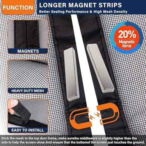 Magnetic Screen Door，Fiberglass Screen Door Mesh，Keep Bugs Out, Heavy-Duty Mesh Curtain,Pet and Kid Friendly, Works with Front Doors, Sliding Doors（32x80 Inch Fiberglass
