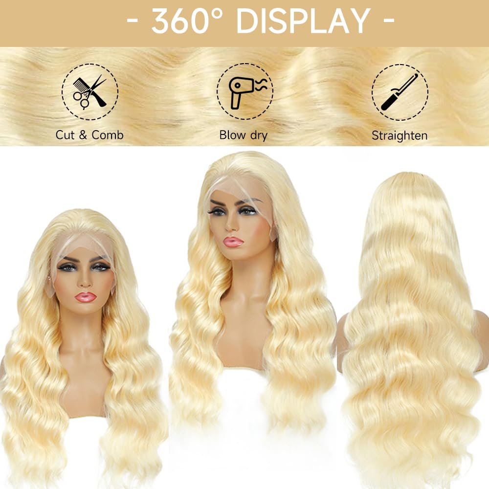 KEGOO 613 13x6 Lace Front Wig Human Hair 28 Inch Blonde Wig Human Hair 200% Density Body Wave HD Blonde Lace Frontal Wig Pre Plucked 613 Lace Front Wig Human Hair