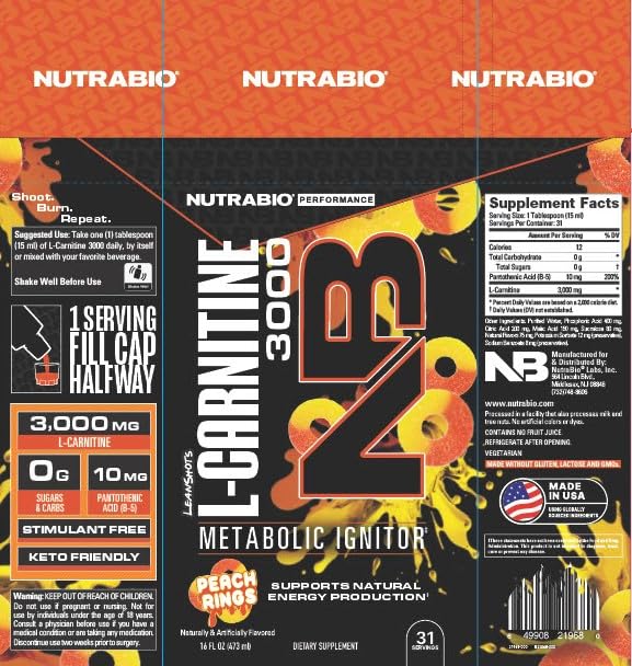 NutraBio – L-Carnitine Liquid Shots – 3000mg, (Peach Rings) – 10mg of Vitamin B-5 – Zero Carbs & Sugars – Energy Production – Muscle Recovery