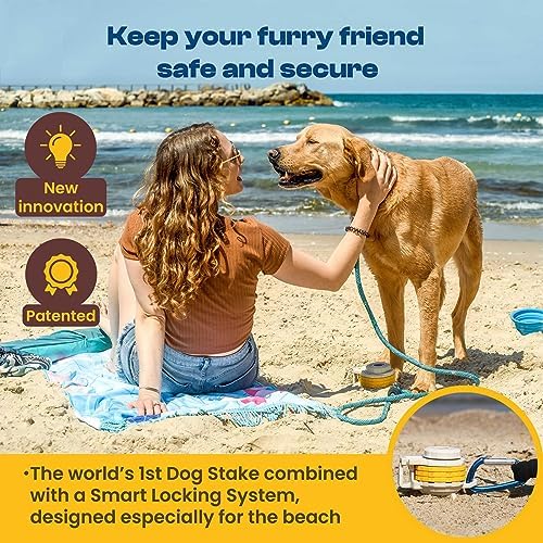 Diggo Dog Stake Beach Anchor - Dog Beach Essentials for All Dog Sizes - Unique 360° Head Rotating Combination Beach Lock System, Heavy Duty Tie Out Stake, Umbrella Sand Anchor, Designed for The Beach