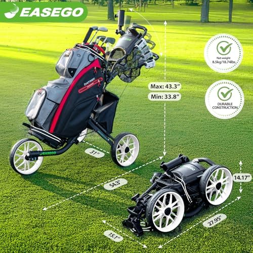 Golf Push Cart 3 Wheel : Golf Bag Cart Foldable with Phone Holder/Cup/Umbrella Holder Compact Golf Pull Carts Quick Fold Golf Caddy Push Carts with Large Wheelbase for Different Terrain