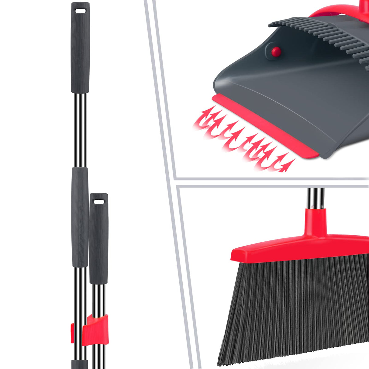 Broom and Dustpan Set,Broom with Dustpan Combo Set Dust pan with Long Handle, for Home Kitchen Room Office Lobby Floor Use Upright Stand Up(Gray&Red)