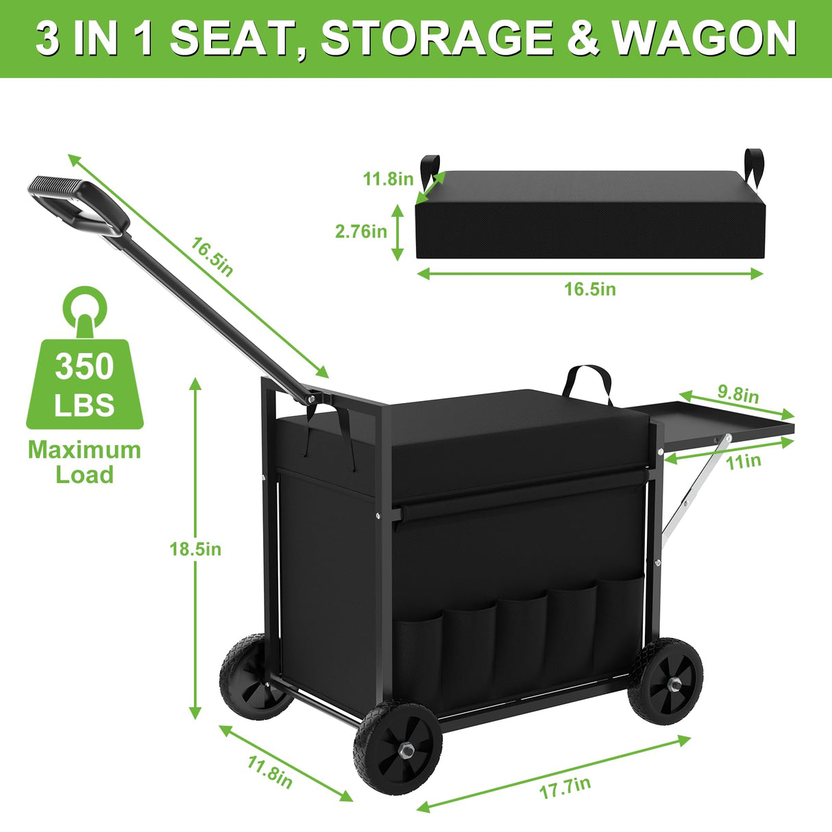 Garden Seat with Wheels, Garden Cart with Seat, 400 lbs Garden Rolling Utility Cart with Foldable Side Trays, for Gardening, Patio, Backyard, Gardening Gifts for Fathers Day
