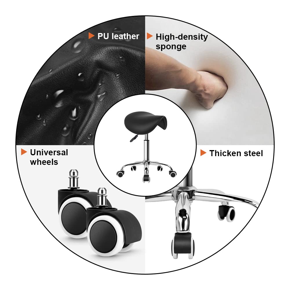 KKTONER Rolling Saddle Stool PU Leather Swivel Adjustable Rolling Stool with Wheels Salon Chair Black