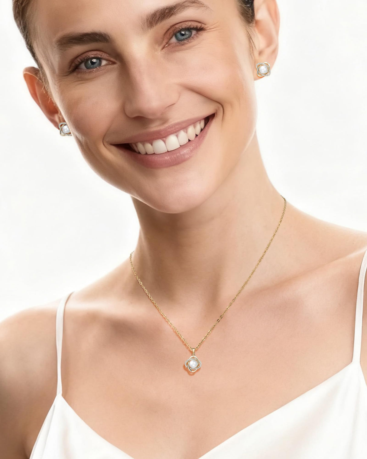 Teppdfann 14K Gold Plated Pearl Jewelry Set for Women - Matching Pearl Necklace and Earring Set with Wrapped Design, June Birthstone Jewelry Set for Gift
