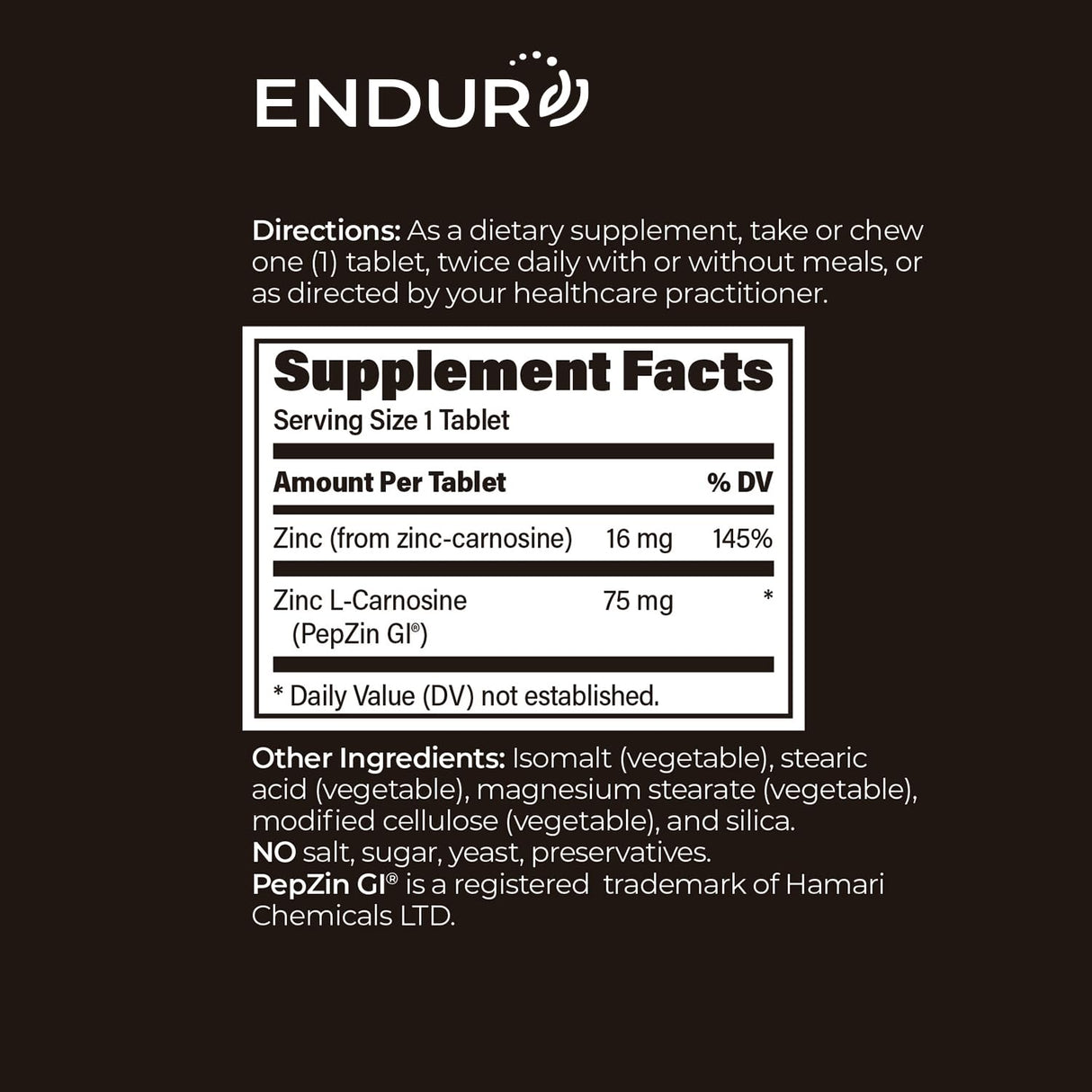 Endur PepZinGI ZINC-CARNOSINE Chewables, Helps Support Your Digestive System for Comfortable Digesting, Gluten Free, 60 Tablets