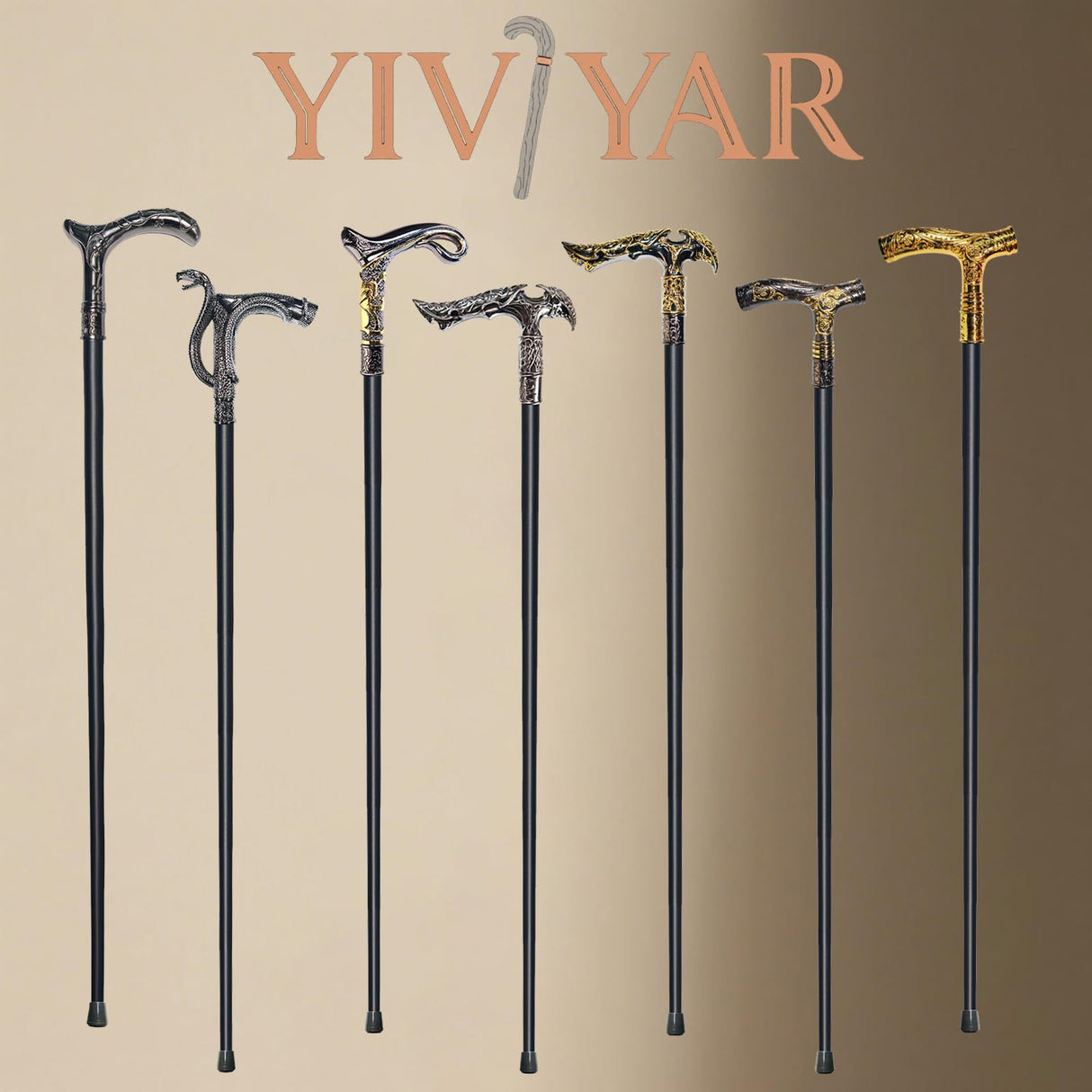 YIVIYAR Walking Cane for Men & Women & Seniors - 36.5 Inch Heavy Duty 500+ lbs Capacity, Ergonomic Handle, Decorative & Ornate Design, Gothic & Goth Elegant Matte Black & Gold Artistry, Metal Cane