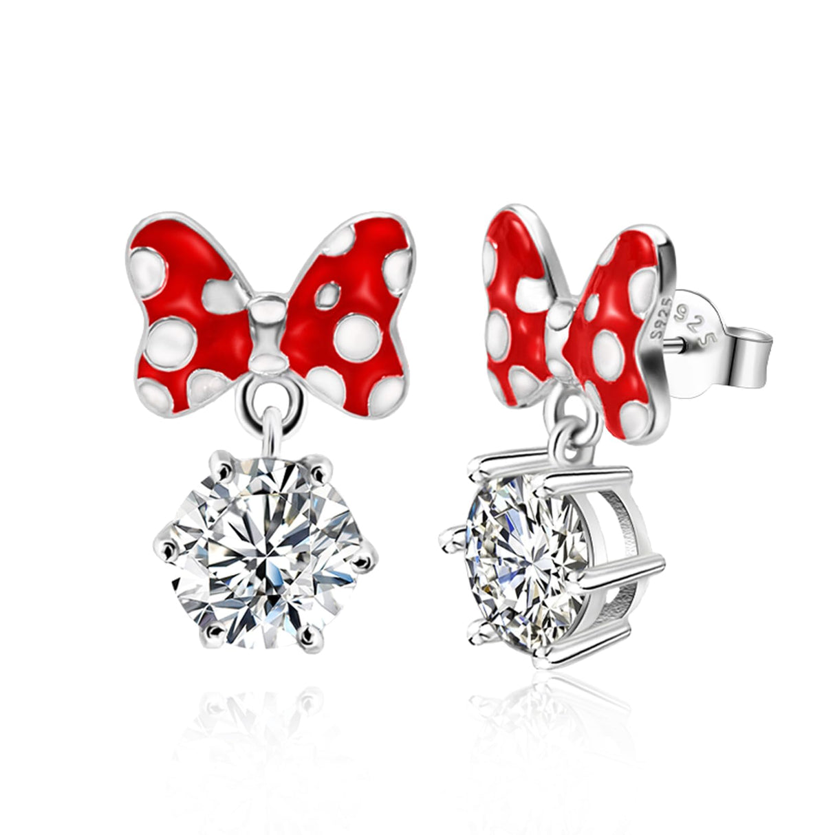 Red Bow Earrings Sterling Silver Red Mouse Bow Stud Earrings with Big Sparkling CZ Dangle Cute Dainty Sweet Bowknot Earrings Lucky Cute Animal Stud Jewelry Gifts for Women Daughter Birthday