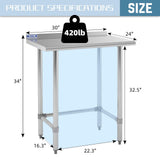 Hally Open Base Stainless Steel Table 24 x 30 Inches, NSF Commercial Heavy Duty Prep & Work Table with Backplash and Galvanized Legs for Restaurant, Home and Hotel