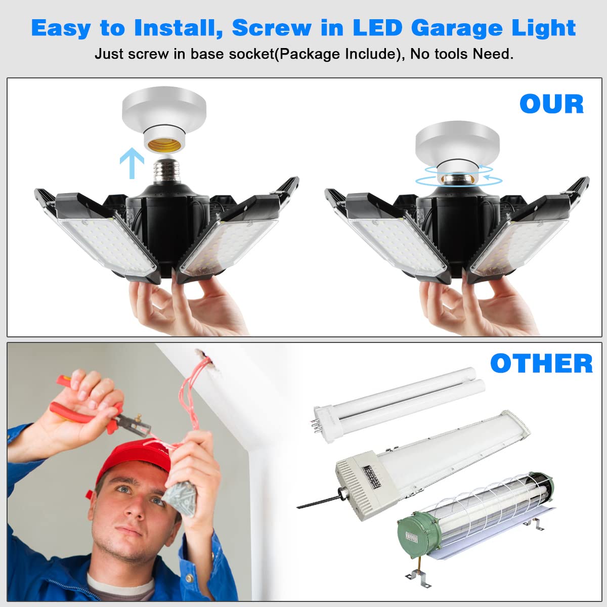 POLARPRA LED Garage Light - 160W LED Garage Ceiling Lights 16000LM Super Bright Garage Lighting with 6 Deformable Panels E26/E27 Screw in Led Shop Lights for Basement Workshop Warehouse Attic