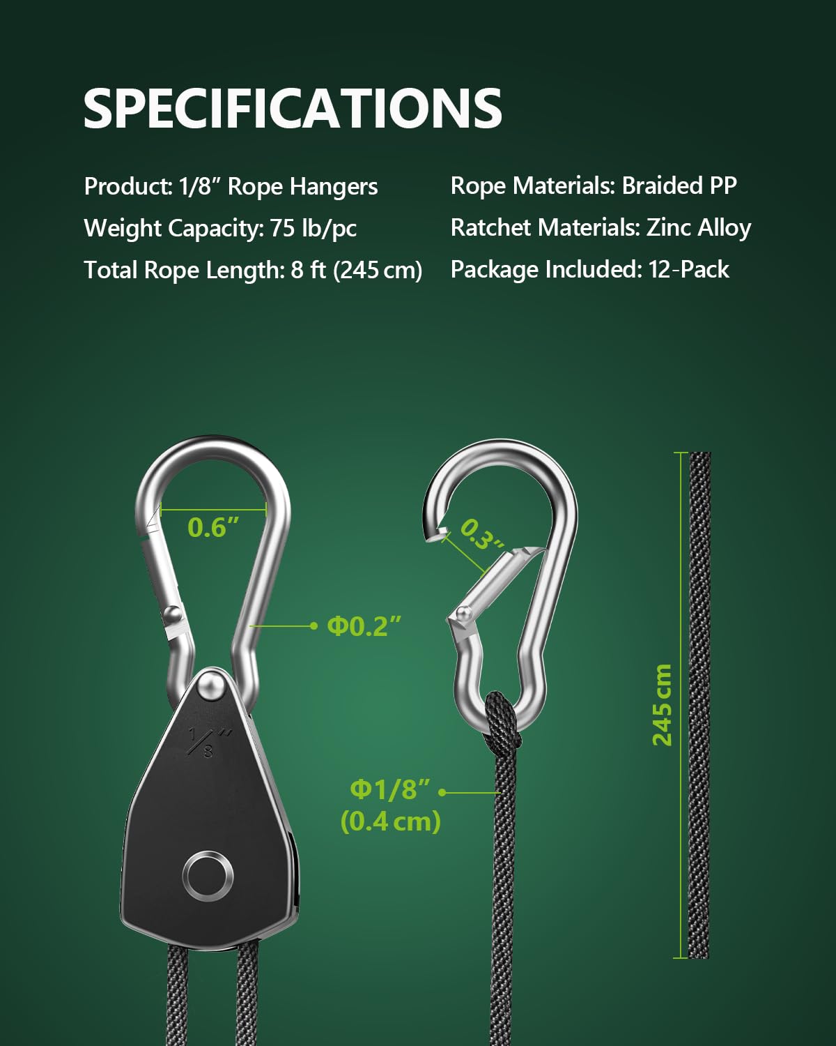 STAYGROW 12-Pack 1/8” Adjustable Rope Hanger, Heavy Duty Ratchet Tie Down Strap with Reinforced Metal Gear, Ratcheting Pulley System Bungee Cord for Hanging Plants Grow Light and Various Tie-Down Uses