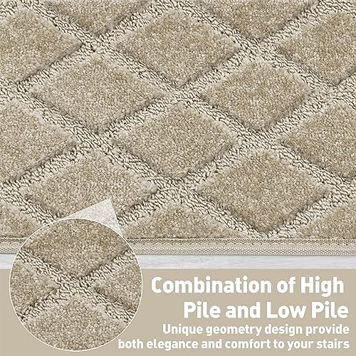 PURE ERA Bullnose Carpet Stair Treads Tape Free Non-Slip Indoor Stair Protectors Pet Friendly Stair Treads for Wooden Steps 9.5" x 30"(14 Pieces, Cream Gray Diamond Trellis)